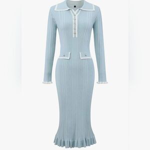 🩵NWT Powder Blue Ribbed Knit Bodycon Long Sleeve Dress Small